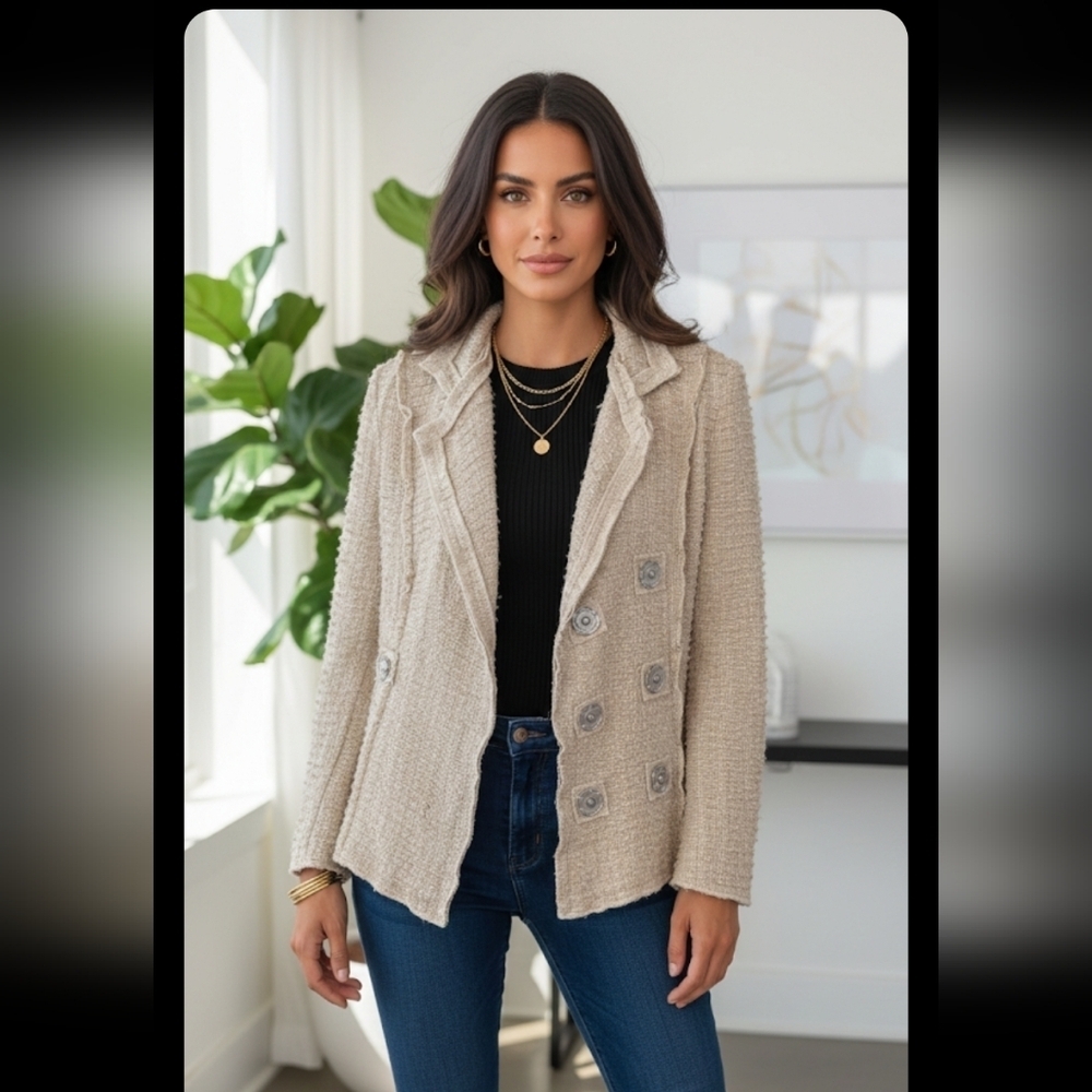 CAbi Woman's Chenille Oatmeal Color Blazer Double Breasted Size S